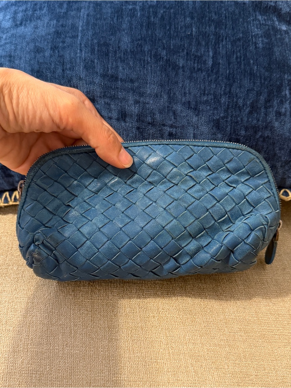 Bottega Veneta Blue Intrecciato Leather Cosmetic Pouch